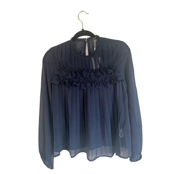 Anthropologie Endless Rose Sheer Navy Pleated Blouse w/ Lace Detail, XS - Picture 4 of 8